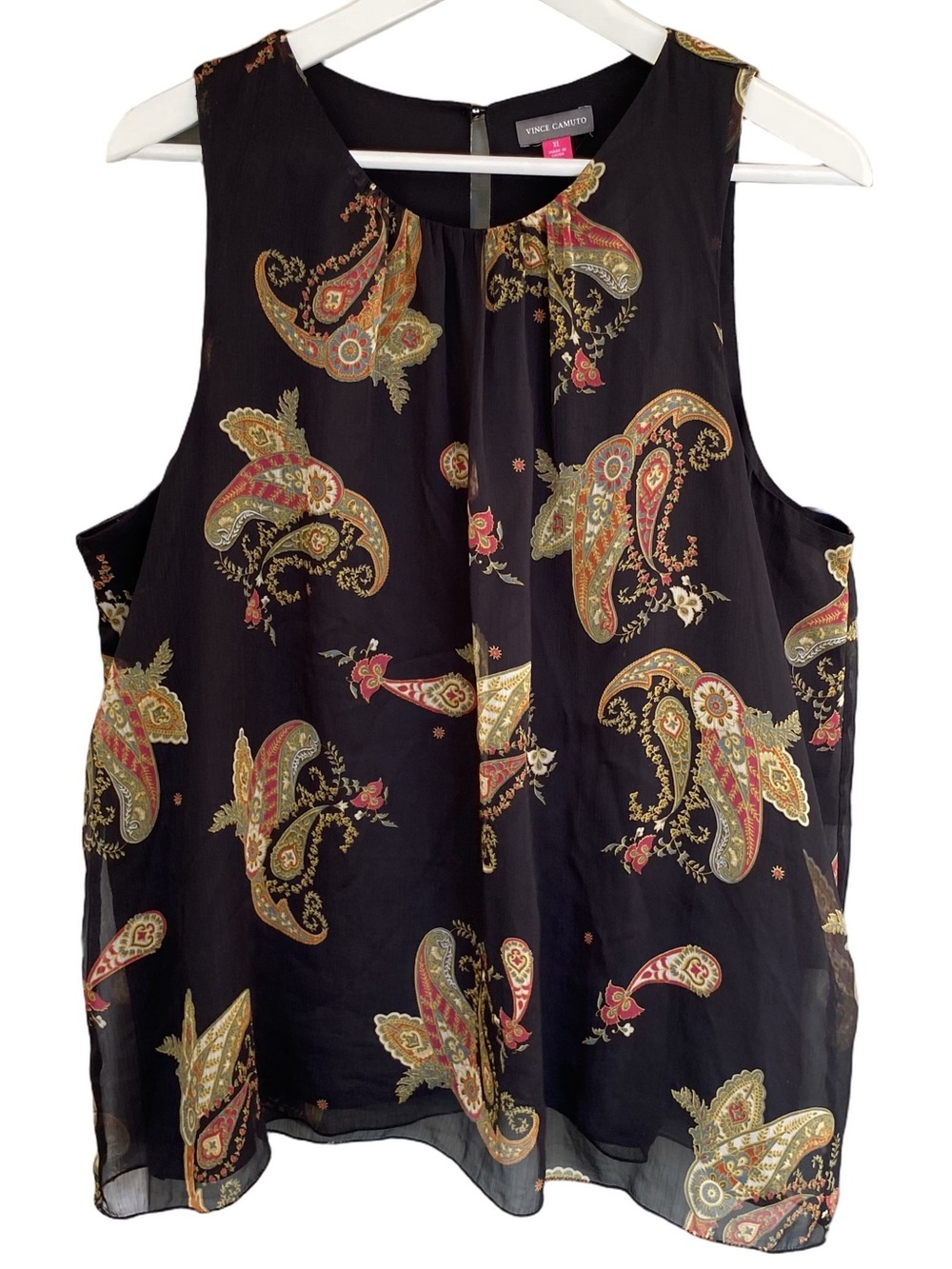 VINCE CAMUTO Top Blouse Sleeveless High Neck Rich Black Paisley Print Women XL - Picture 2 of 10